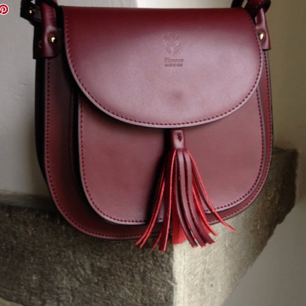 Bordeaux Leather crossbody Saddle Bag w/tassel